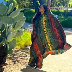 Vintage Kaftan rainbow cheetah print tunic caftan dress set with matching pants